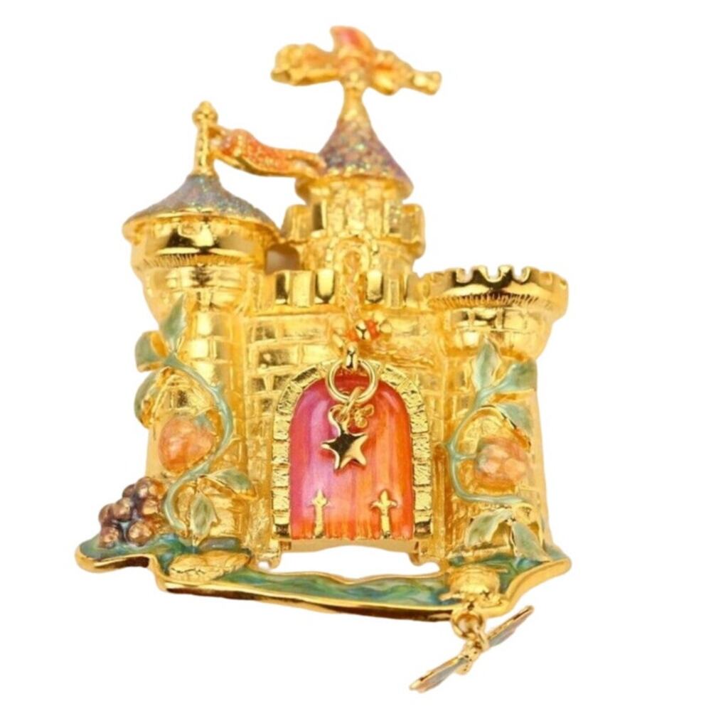 Kirks Folly Vintage Castle Pin Brooch Drawbridge Crystal Brushed Gold NOS BOX - Picture 2 of 12